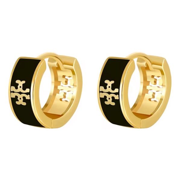 Tory Burch Jewelry - TORY BURCH GOLD & BLACK LOGO HUGGIE HOOP EARRINGS